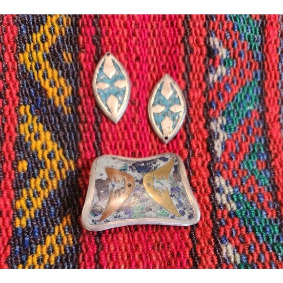 Vintage Lot Signed Nestor TAXCO Mexican Sterling Mixed Metals Brooch Earrings - Picture 5 of 10